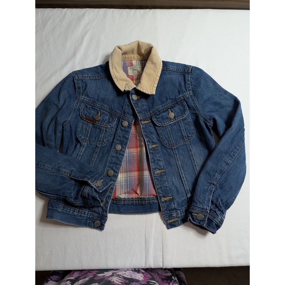 Polo Ralph Lauren Kids Denim Trucker Jacket Plaid Lined Corduroy Collar Blue M